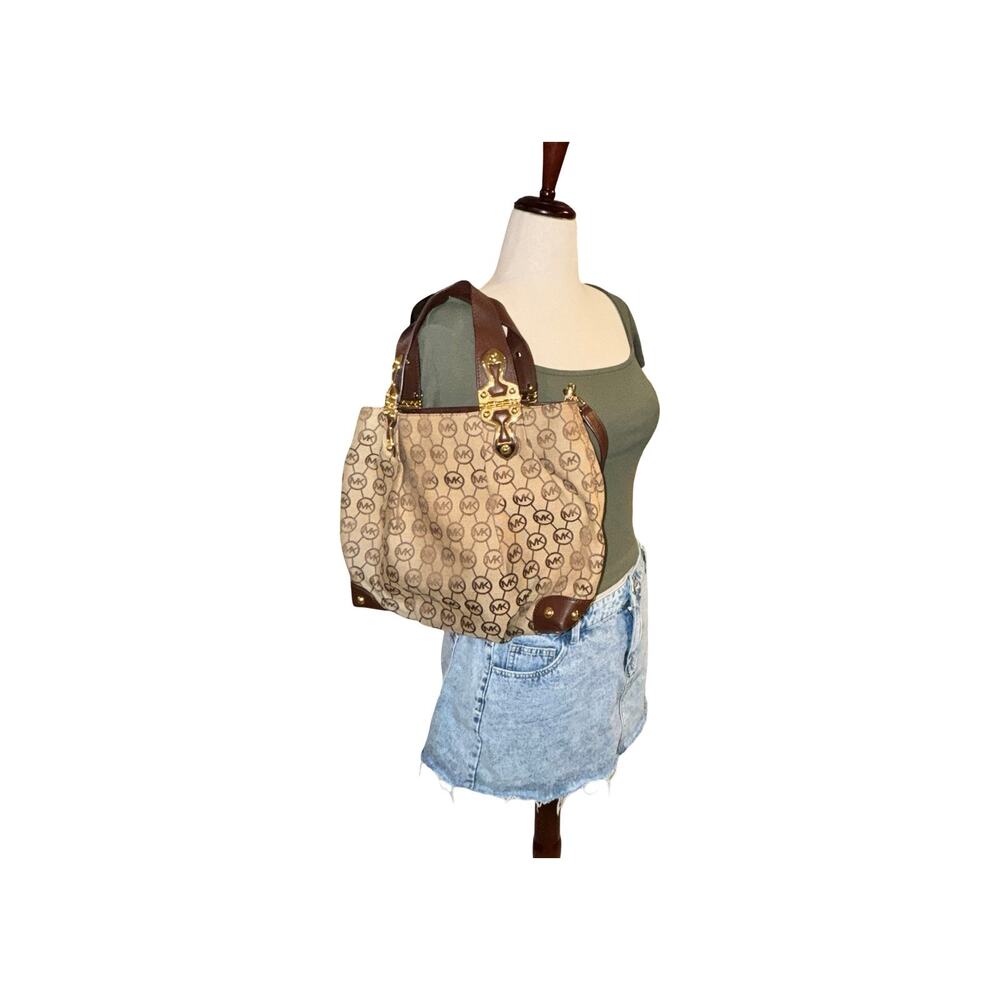 Michael‎ Kors Large Tan and Brown Monogrammed Fabric Tote Crossbody Bag